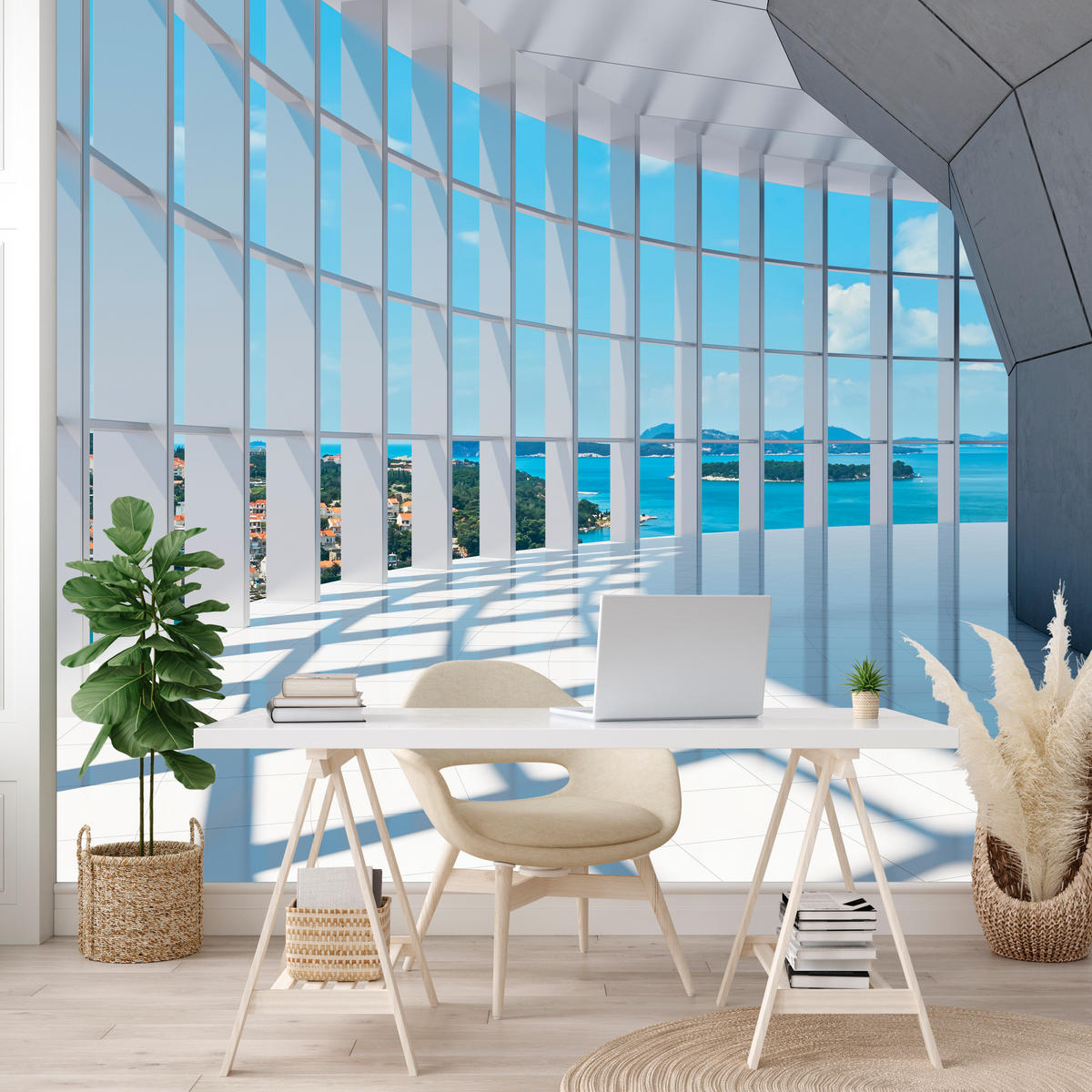 FOTOTAPETE für Wohnzimmer Räumlicher Tunnel mit Meerblick 500x350 - Blau/Beige, Papier (500/350cm) - Muralo