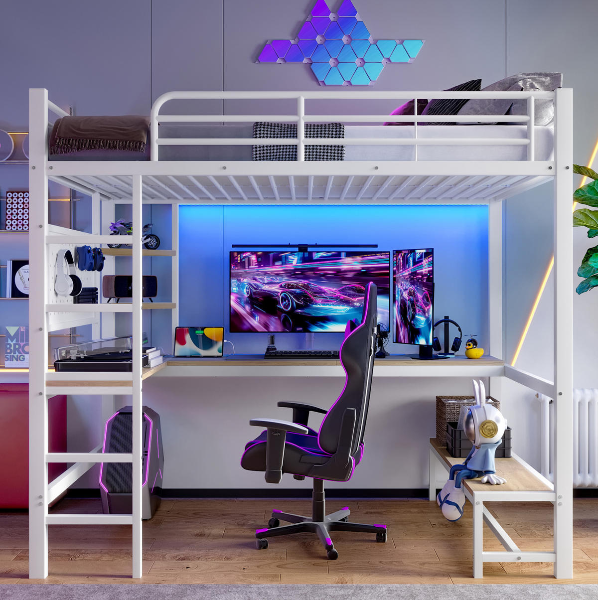 HOCHBETT 90/200 cm aus Metall und MDF mit Schreibtisch, LED und USB-C Weiß - Weiß, Metall (90/200cm) - Modenvie