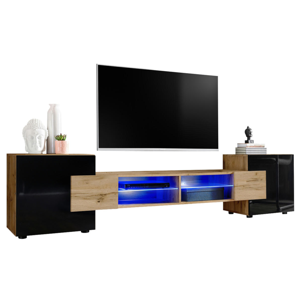 LOWBOARD MERANO Eiche Wotan, Blau LED Beleuchtung - Eiche Wotan/Schwarz, Glas/Holzwerkstoff (230/52.5/35cm) - Komodee