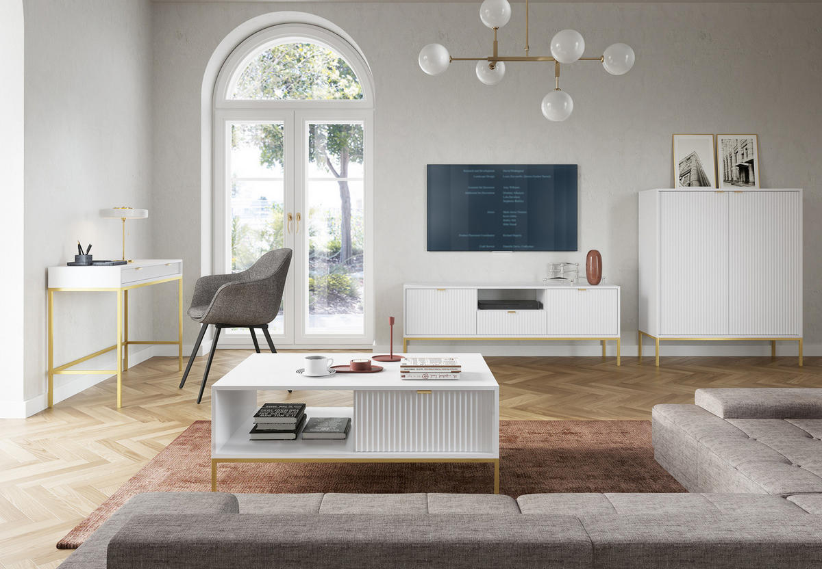 TV-SCHRANK Vellore Weiß mit goldenen Metallbeinen 154 cm - Goldfarben/Weiß, Holzwerkstoff/Metall (154/56/39cm) - Selsey