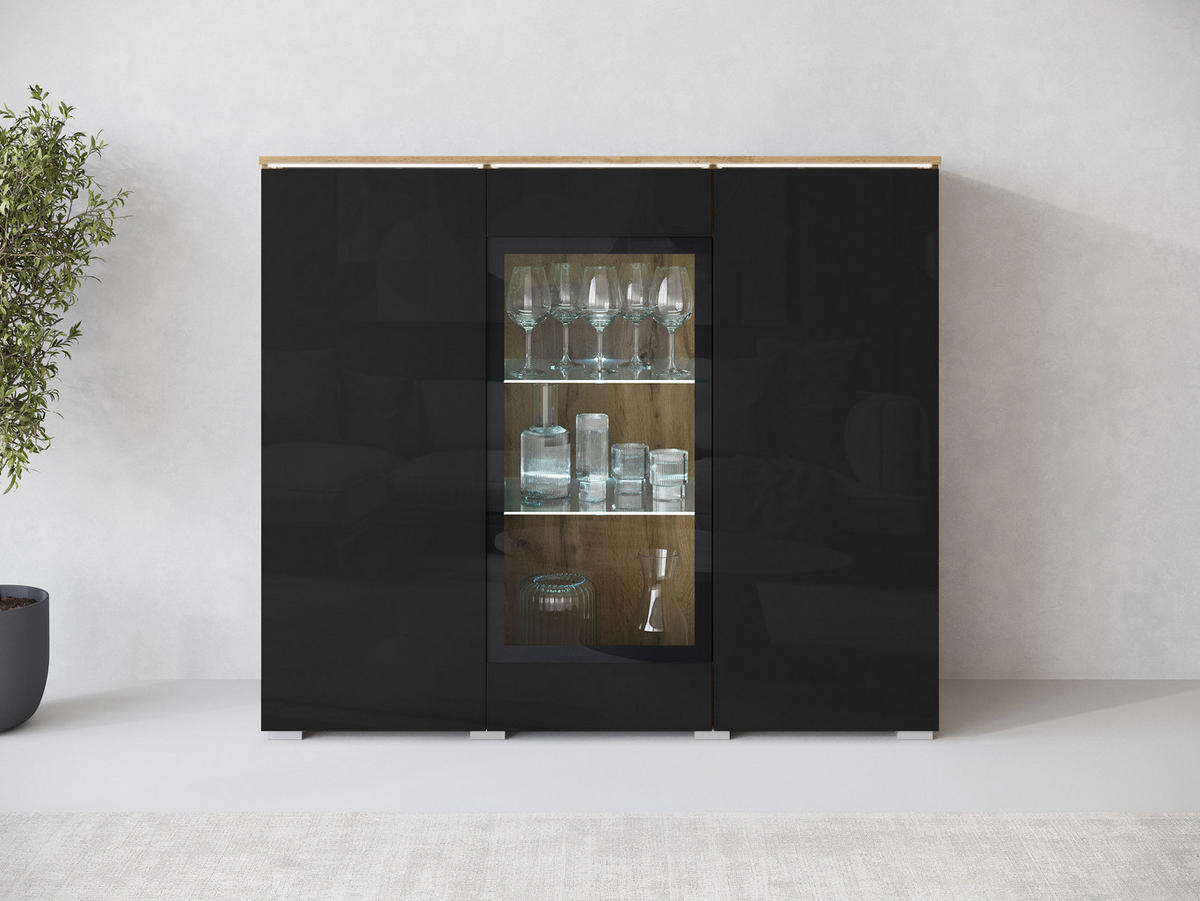 KOMMODE Vera 120 mit weißer LED Beleuchtung - Schwarz Hochglanz/Silberfarben, Holzwerkstoff/Kunststoff (120/104/40cm) - MIRJAN24