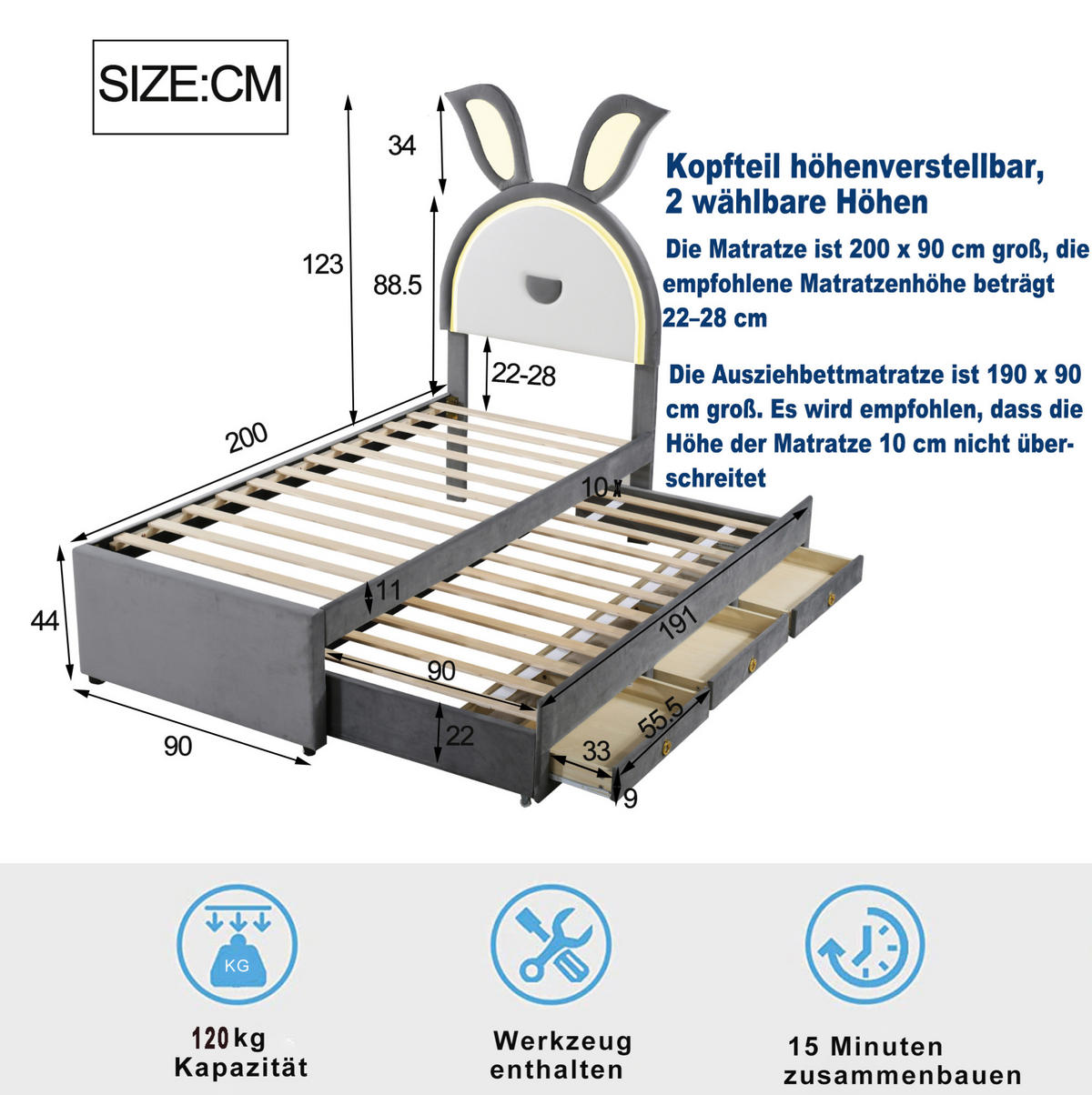 KINDERBETT 90/200 cm mit Ausziehbett, 3 Schubladen, LED-Beleuchtung und Samtbezug, Grau - Grau, Textil (90/200cm) - Redom