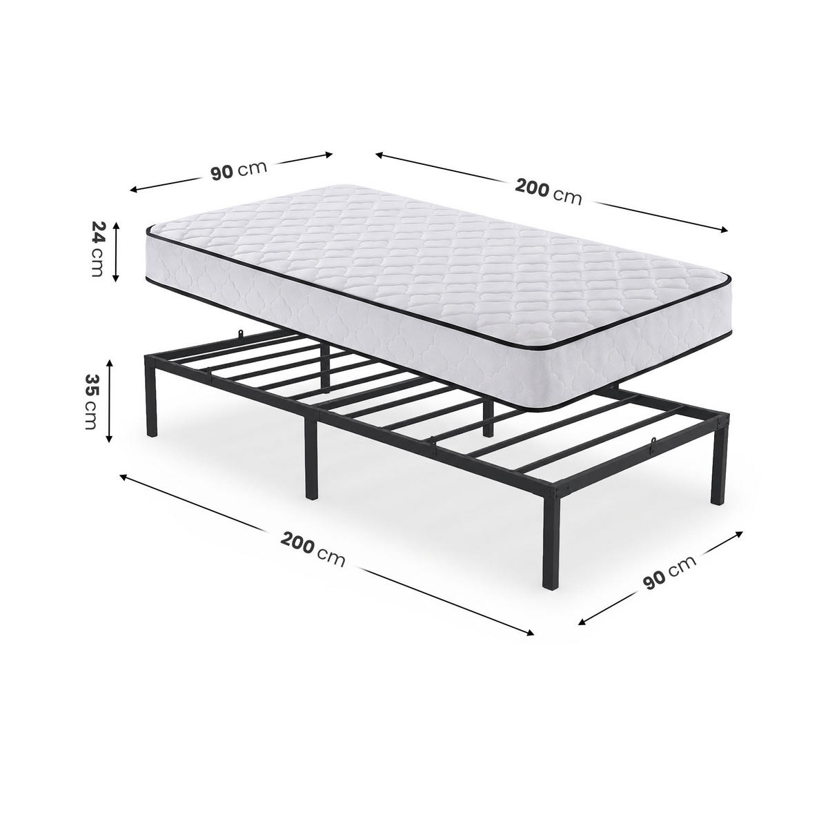 METALLBETT Klappbares mit Matratze 90x200 cm Schwarz - Schwarz, Metall - Akord