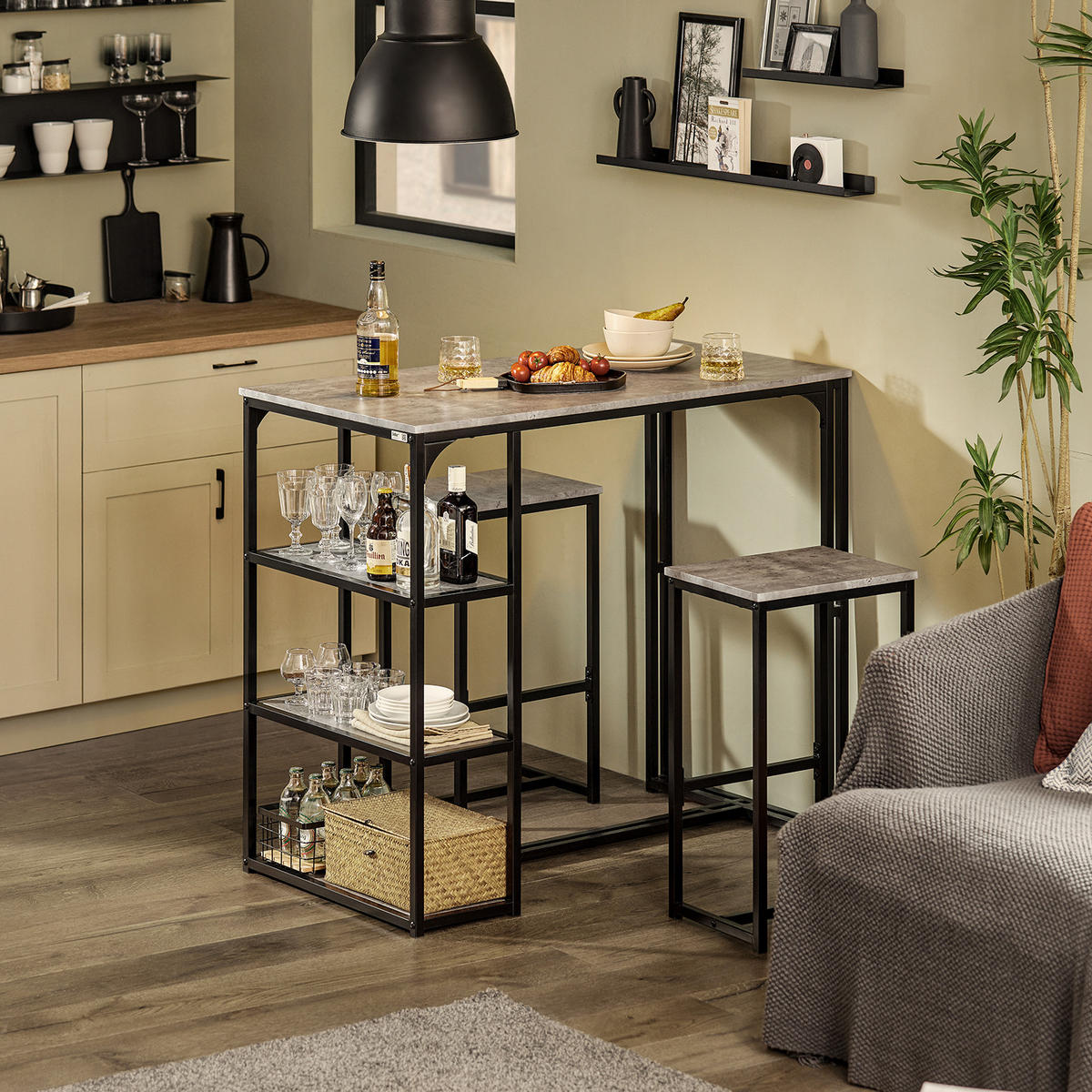 BARTISCH + 2 x BARSTÜHLE - Hellgrau, Holzwerkstoff/Metall (110/97/61cm) - SoBuy