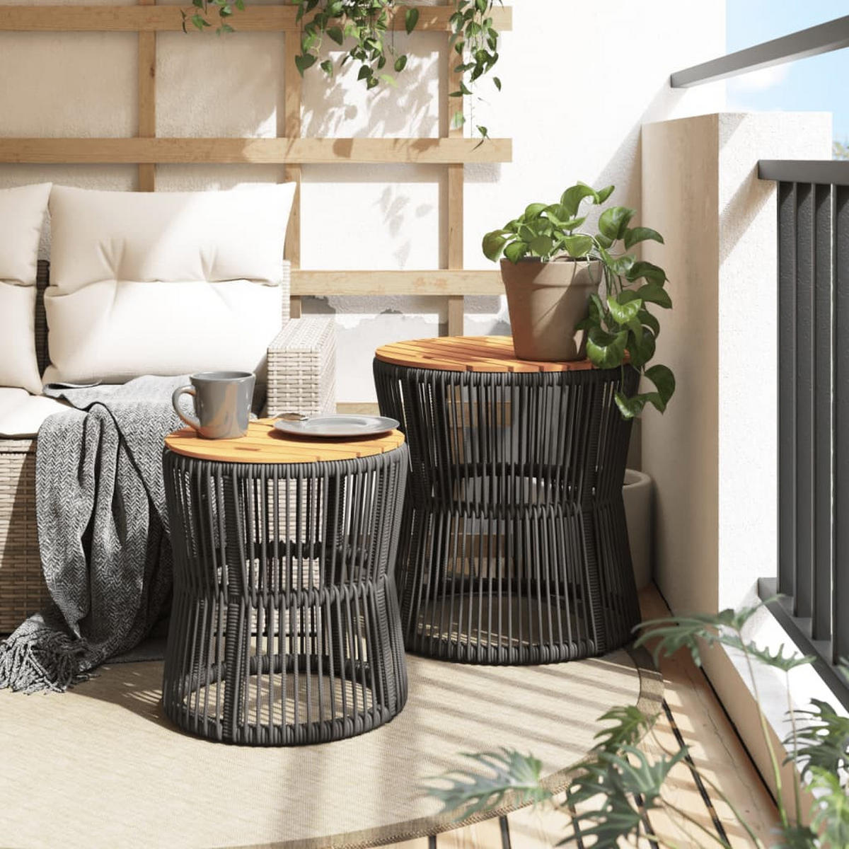 GARTEN-BEISTELLTISCHE 2er Set Mit Holzplatte Grau Poly Rattan - Grau, Kunststoff (50/50/45cm) - vidaXL