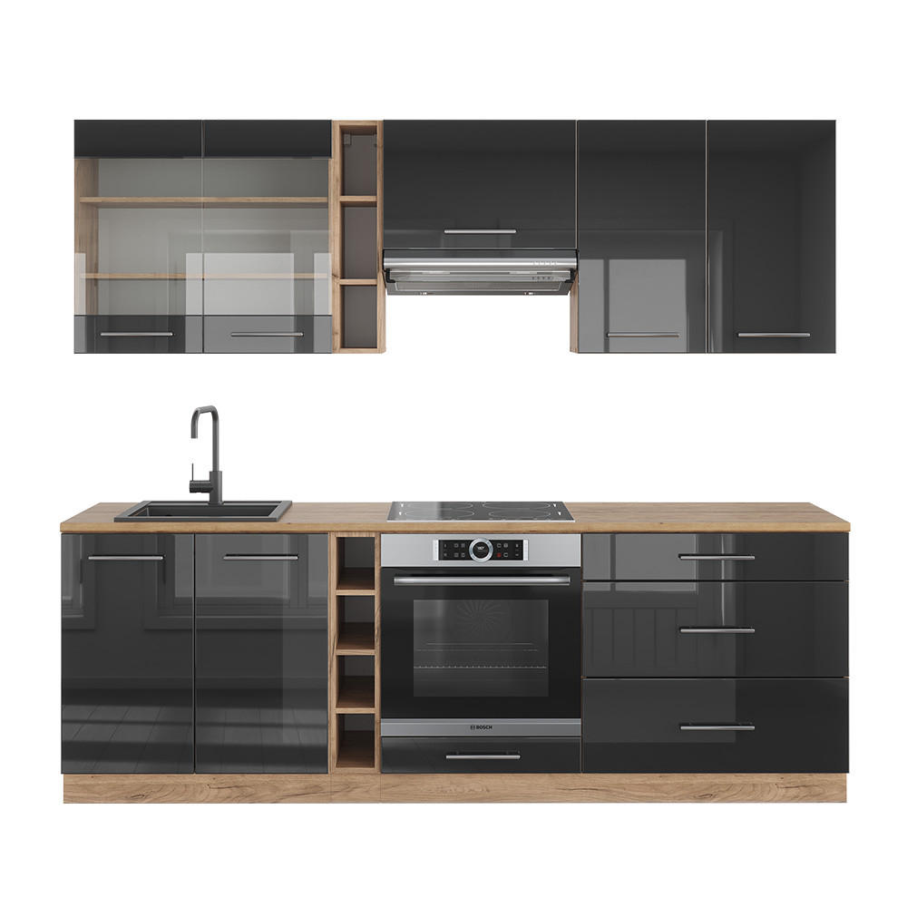 KÜCHENZEILE Fame-Line Anthrazit Hochglanz/Goldkraft Eiche 235 cm AP Eiche - Honigeiche/Anthrazit, Holzwerkstoff (235/81.6/60cm) - Vicco