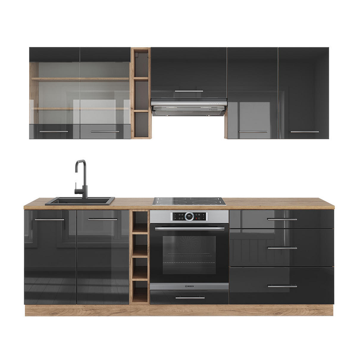 KÜCHENZEILE Fame-Line Anthrazit Hochglanz/Goldkraft Eiche 235 cm ohne AP - Anthrazit/Eiche Wotan, Holzwerkstoff (235/81.6/46cm) - Vicco