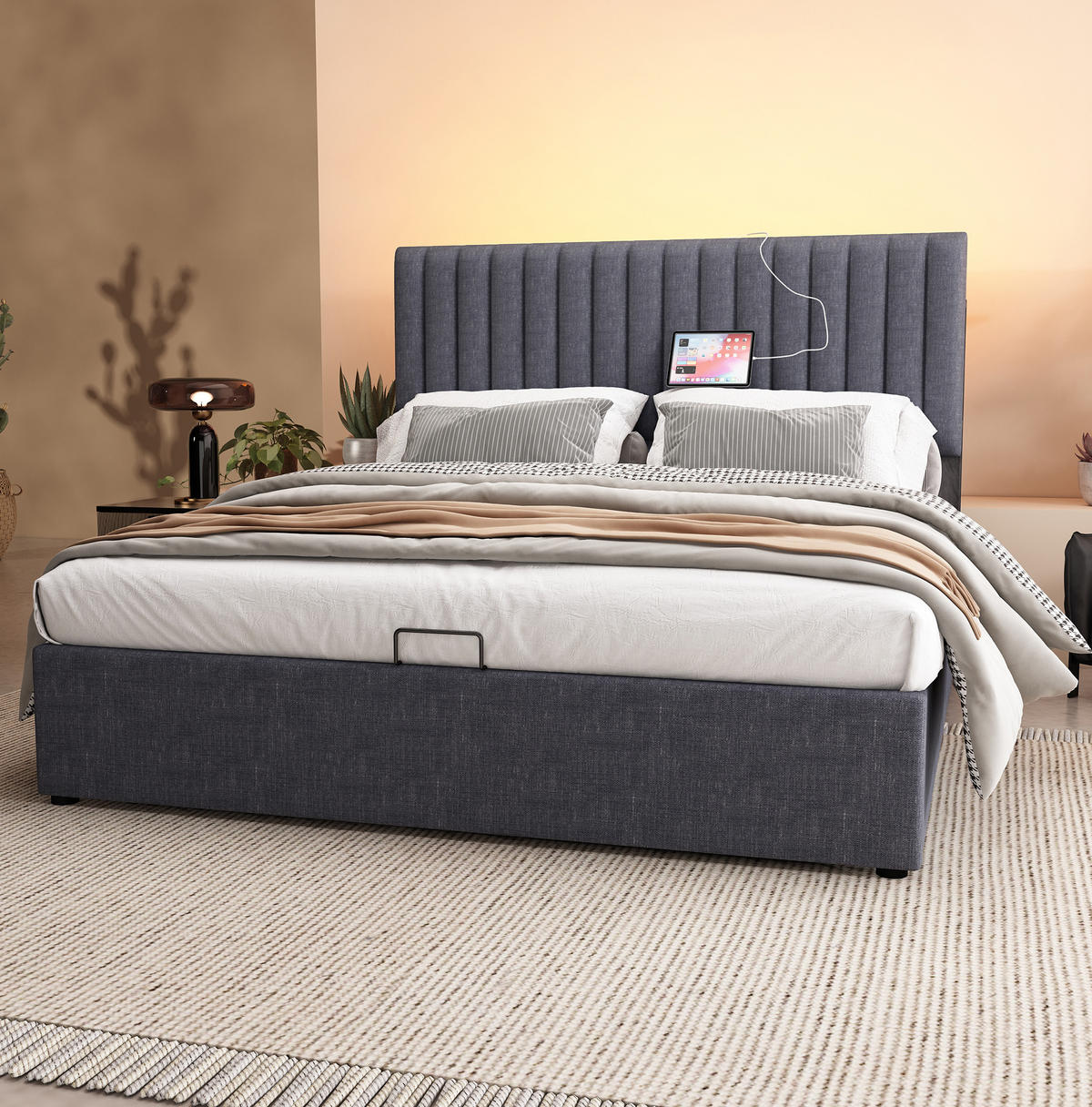 BETT mit Stauraum und LED 140x200 cm Leinen Grau - Grau, Metall (140/200cm) - Meubliv