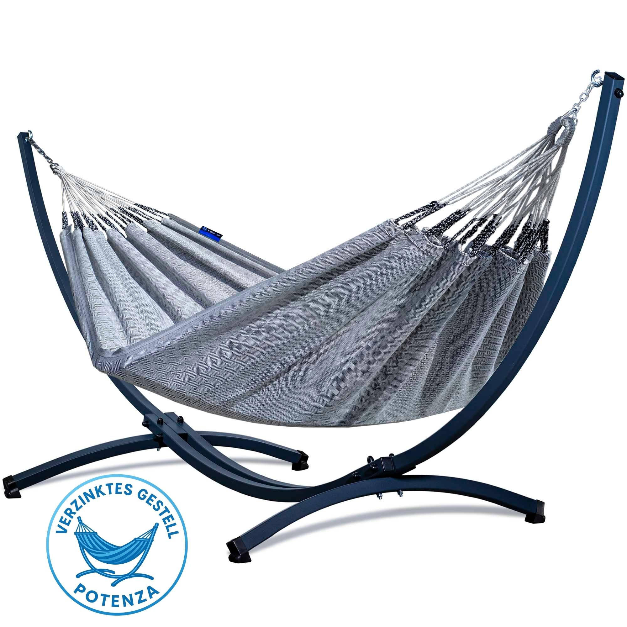 HÄNGEMATTE mit Verzinktem Gestell, 2 Personen, XL, 140 kg, Metall, Medelin Grau, einfache Montage - Grau, Metall (370/130/120cm) - Potenza