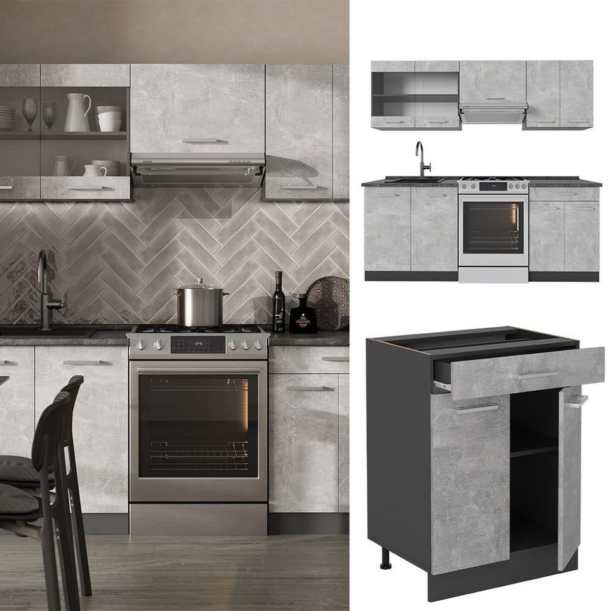 KITCHENETTE R-Line Beton/antracit 200 cm , AP Stejar - antracit/gri, compozit lemnos (200/81.6/60cm) - Vicco