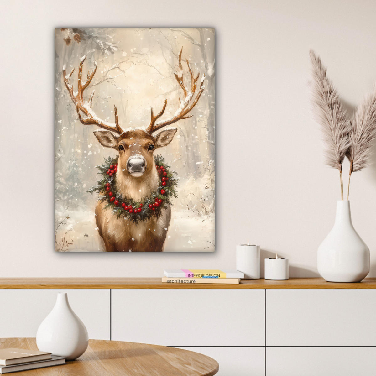 LEINWANDBILD Weihnachten - Rentier - Winter - Kranz 60x80 cm - Naturfarben, Textil (60/80cm) - MuchoWow