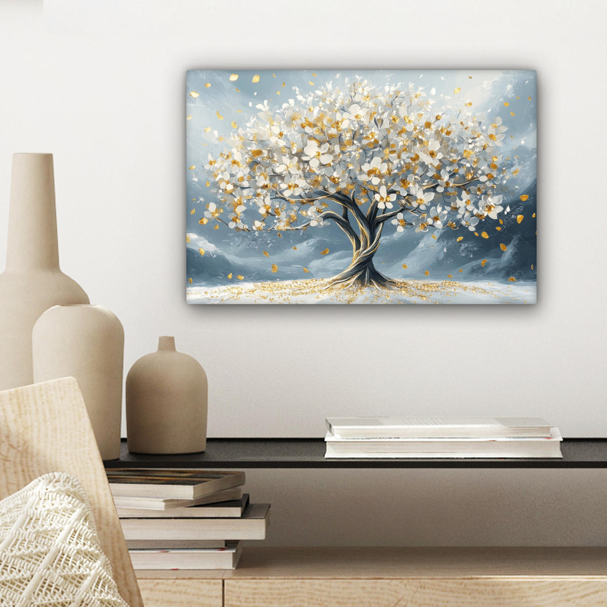 LEINWANDBILD Baum - Winter - Baum des Lebens - Modern - Gold Deko Schlafzimmer 30x20 cm - Goldfarben, Textil (30/20cm) - MuchoWow