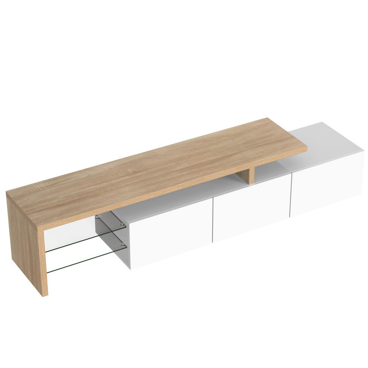 TV-SCHRANK Modern Hochglanzweiß Holzoptik Glasböden LED-Beleuchtung - Weiß, Holz (48/13/172cm) - FLIEKS