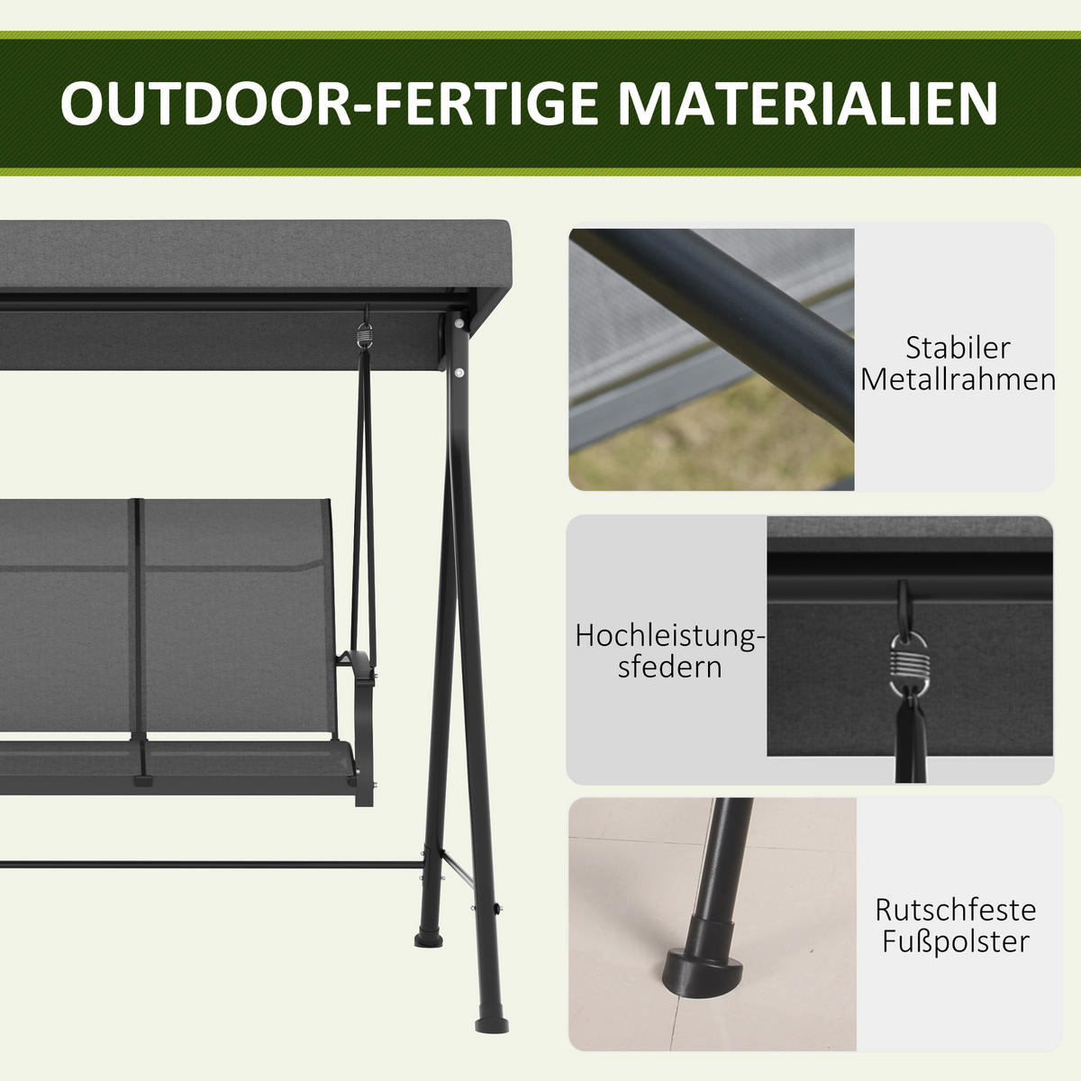 GARTENSCHAUKEL mit Verstellbarem Dach, mit Armlehne, Metall, Texteline, Dunkelgrau - Dunkelgrau, Kunststoff/Textil (240/170/195cm) - Outsunny