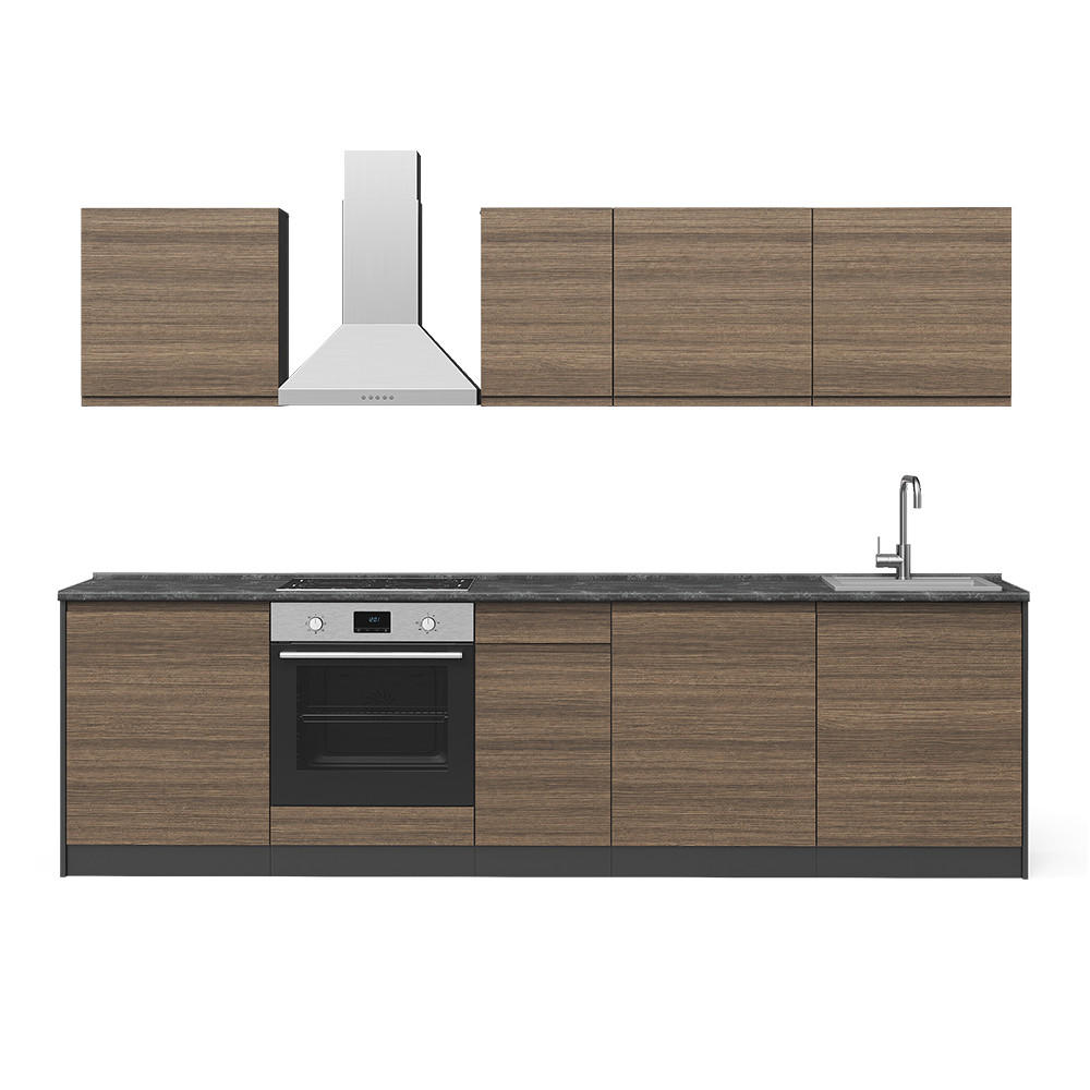 KÜCHENZEILE R-Line, Tabak-Walnuss/Anthrazit, 280 cm Arbeitsplatte Weiß - Anthrazit/Walnussfarben, Holzwerkstoff (280/206.8/60cm) - Vicco