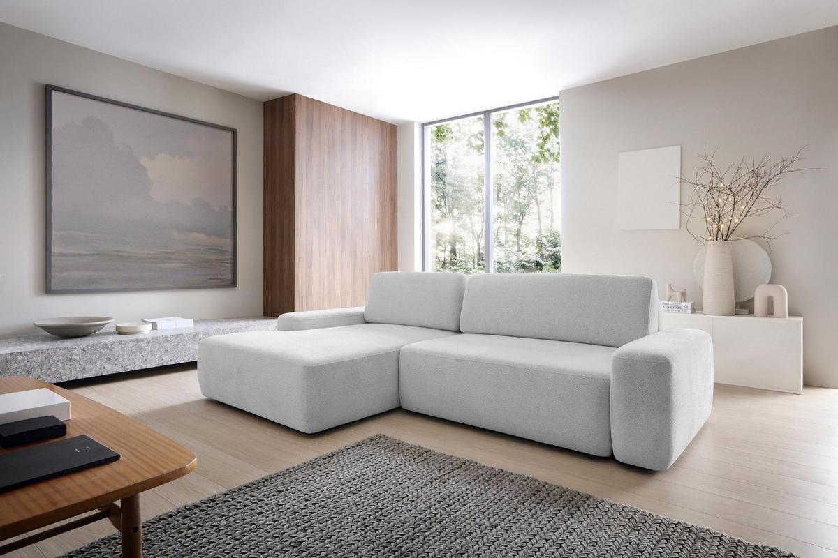 ECKSOFA BOULI 4-Sitzer Polstersofa Raven mit Schlaffunktion 130x210cm Bettzeugablage 264x162x82cm linksseitig Farbe: grau - Silberfarben, Holz/Textil (162/264cm) - DomoHome