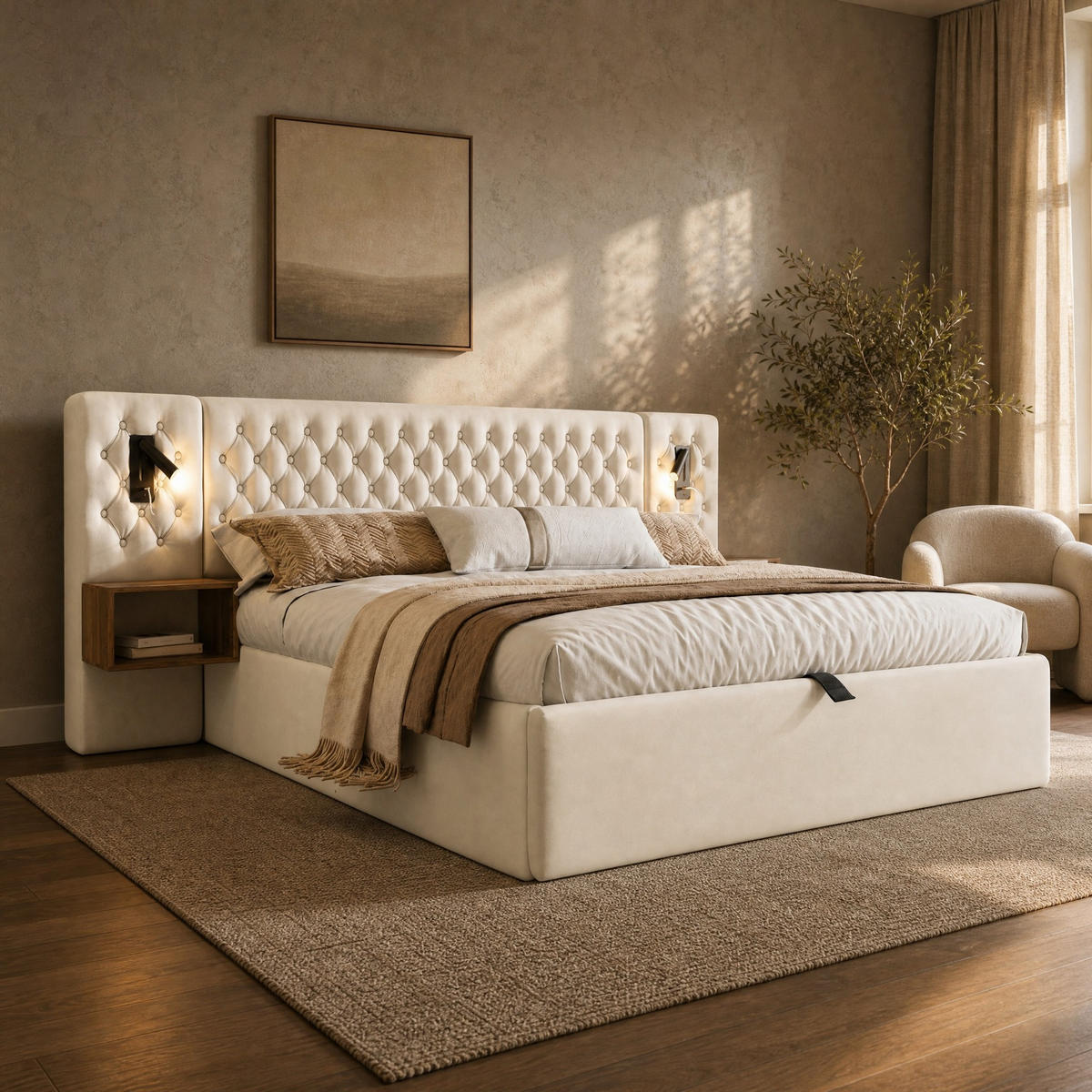 POLSTERBETT 160/200 mit Bettkasten, 2 Nachttischen und USB Type-C in Beige - Beige, Holzwerkstoff/Textil (160/200cm) - EVRYAE