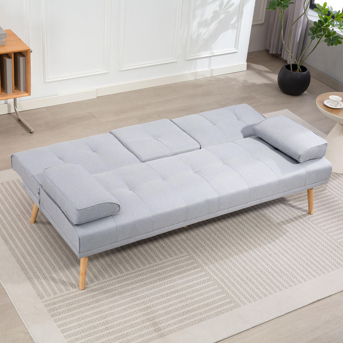 SCHLAFSOFA DE-06514 3-Sitzer, klappbarer Tisch, Becherhalter, Leinenoptik Hellgrau - Hellgrau, Holz/Textil (181/78/77cm) - ComfortXL