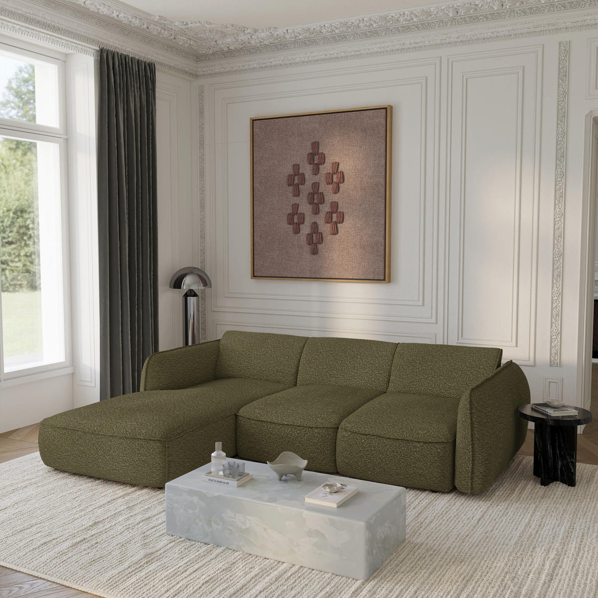 ECKSCHLAFSOFA Bouclé-Stoff 274cm - Olivgrün, Textil (274/174cm) - Sia Home