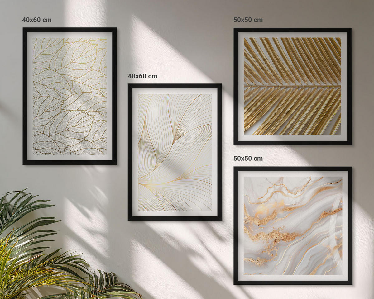 WANDBILDER 4er-Set - 50x50 cm & 40x60 cm Schwarzer Rahmen - Blattmuster Marmor abstrakt - Schwarz, Kunststoff (50/50cm) - ArtPrintCave