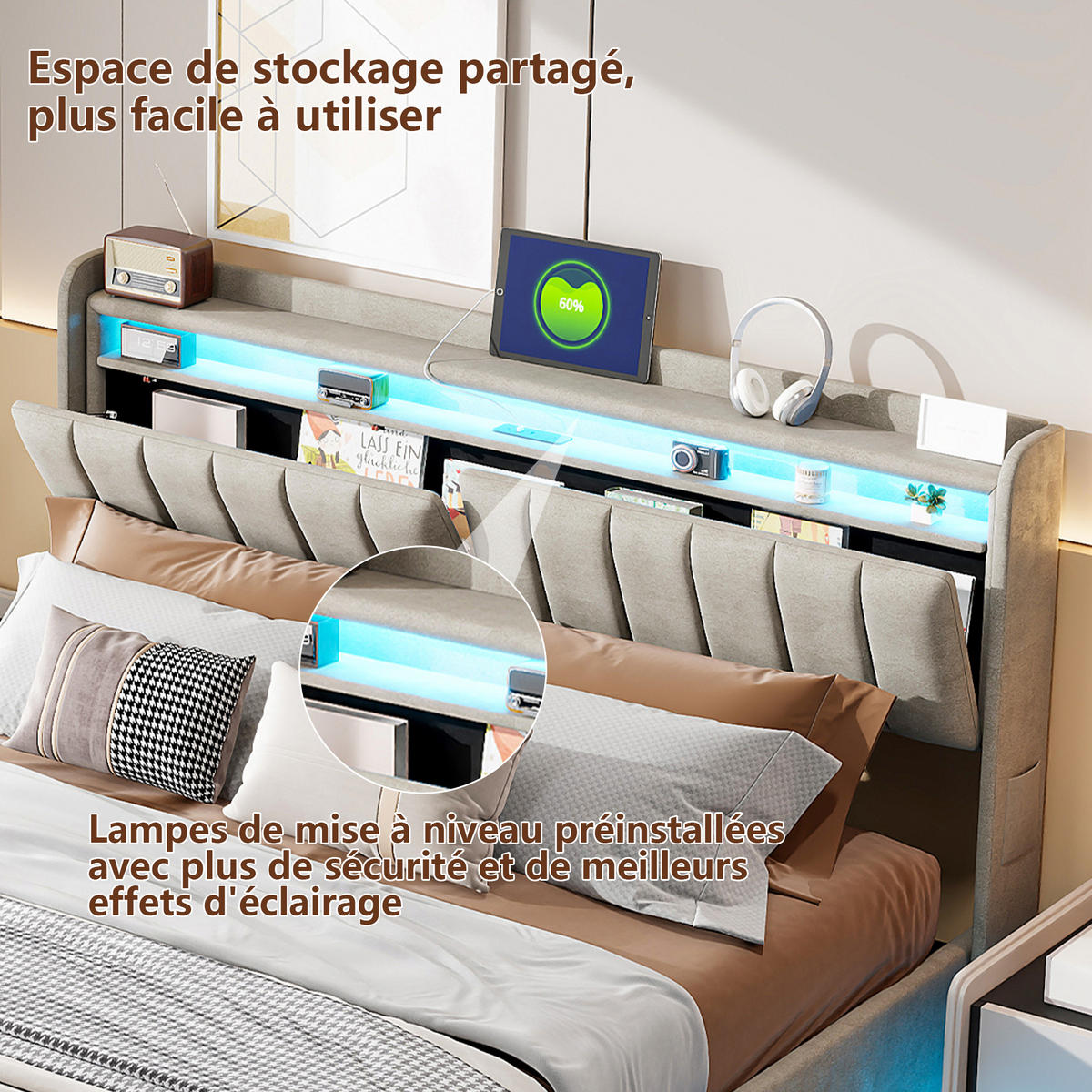 POLSTERBETT 160x200 cm LED USB Stauraum Lattenrost Samt grau - Grau, Holz (160/200cm) - LEBENLANG
