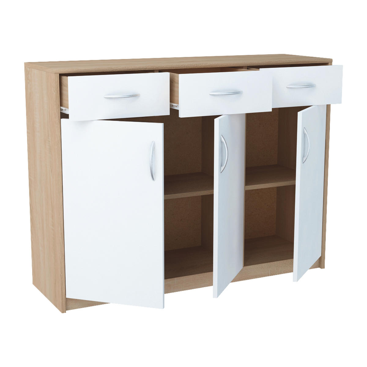 KOMMODE mit 3 Türen und 3 Schubladen - Eichefarben/Weiß, Holzwerkstoff (110/85/35cm) - Home Collective