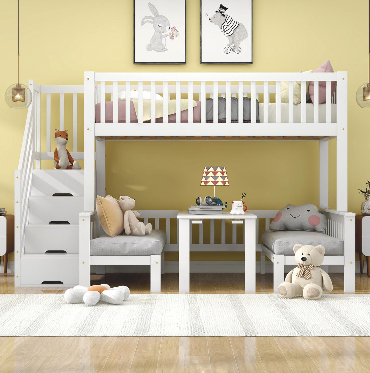 HOCHBETT 90/200 & 120/200 cm aus Kiefer und MDF mit Stauraumtreppe und Klapptisch Weiß - Weiß, Holz (90/200cm) - Modenvie