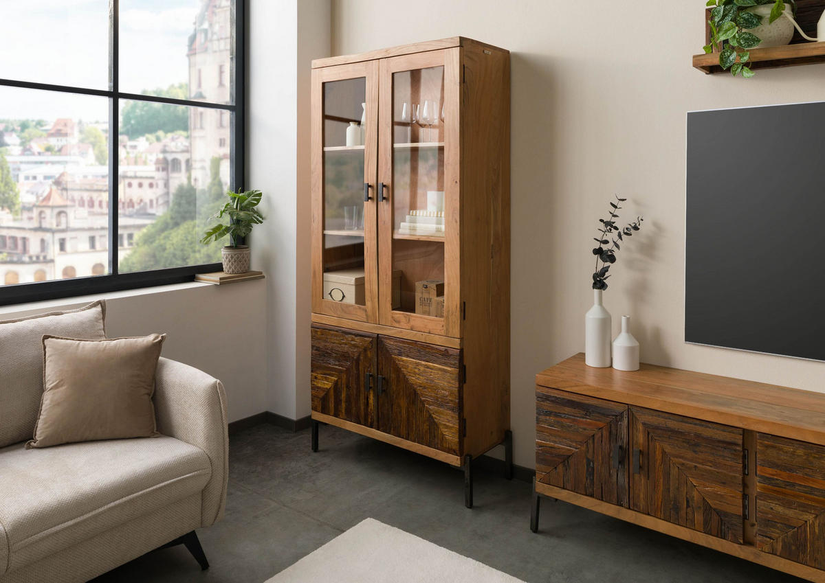 VITRINE Altholz 90x40x198 natur lackiert LYON #160 - Braun, Holz (90/198/40cm) - Massivmoebel24