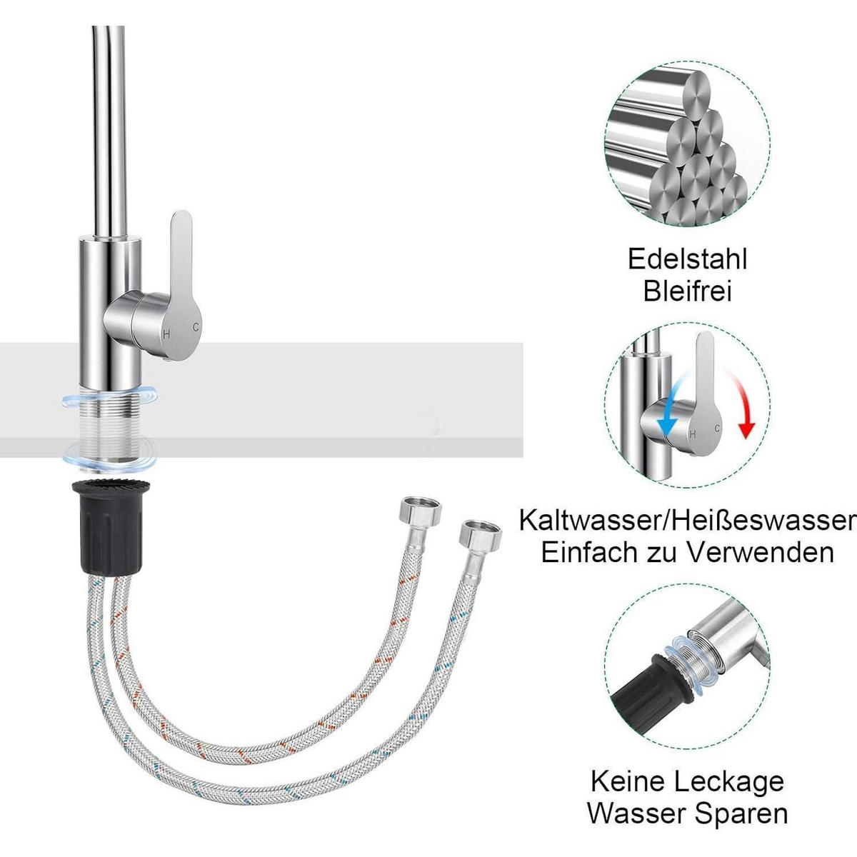 KÜCHENARMATUR 360° drehbar mit Schläuchen Edelstahl Hochdruck - Silberfarben, Metall (18/5/32cm)