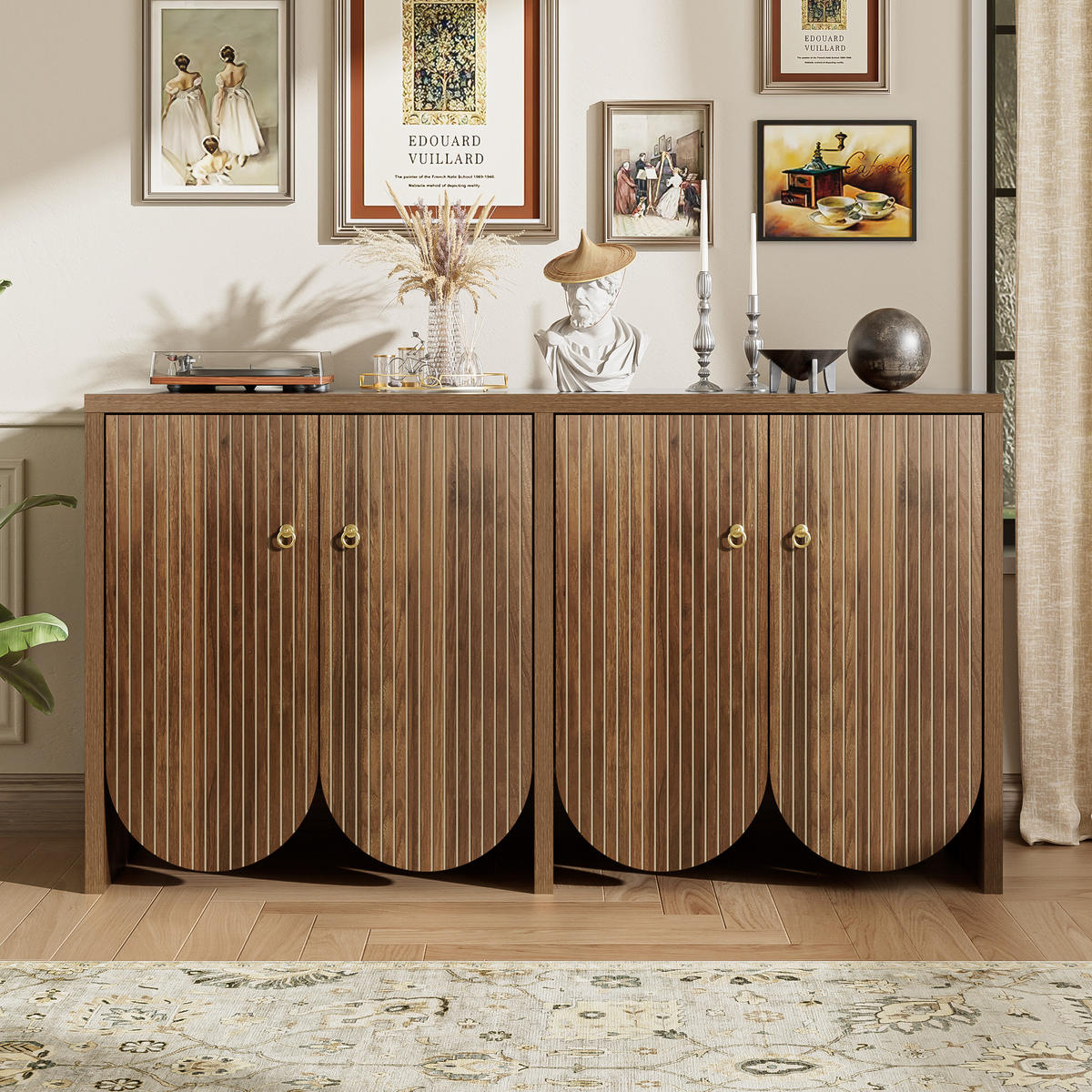 SIDEBOARD 147x40x80 Walnuss 4 Türen Verstellbare Böden Alugriffe - Naturfarben, Holzwerkstoff (40/80/147cm) - FLIEKS