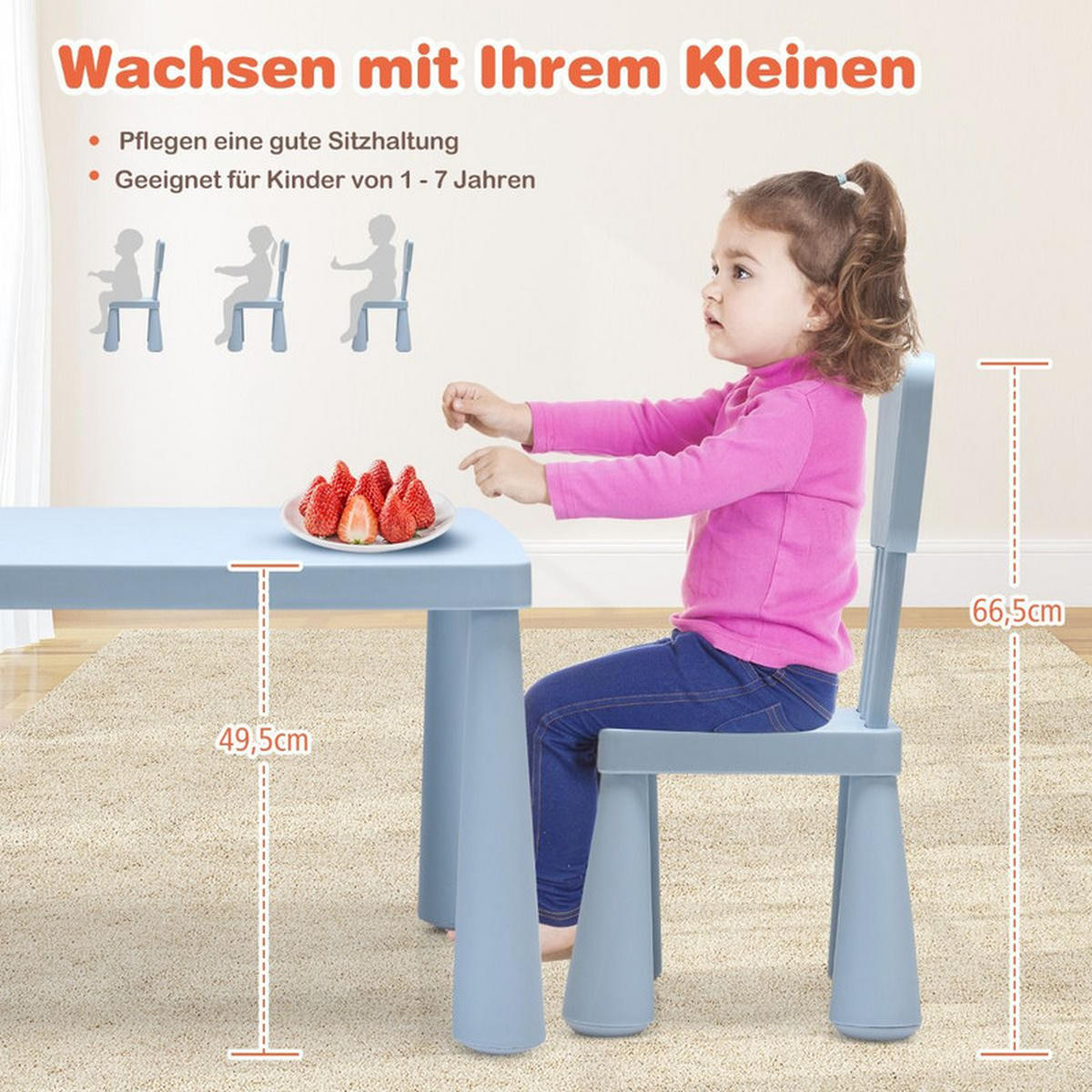 KINDERTISCH mit 2 Stühlen blau(3-tlg) - Blau, Kunststoff (76.5/49.5/54.5cm) - COSTWAY