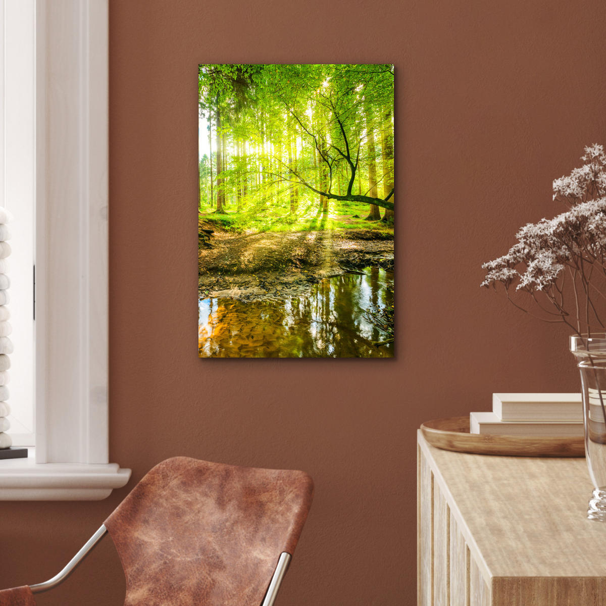 METALLBILD Wald - Landschaft - Wasser - Bäume - Sonne - Grün - Natur 40x60 cm - Grün, Metall (40/60cm) - MuchoWow
