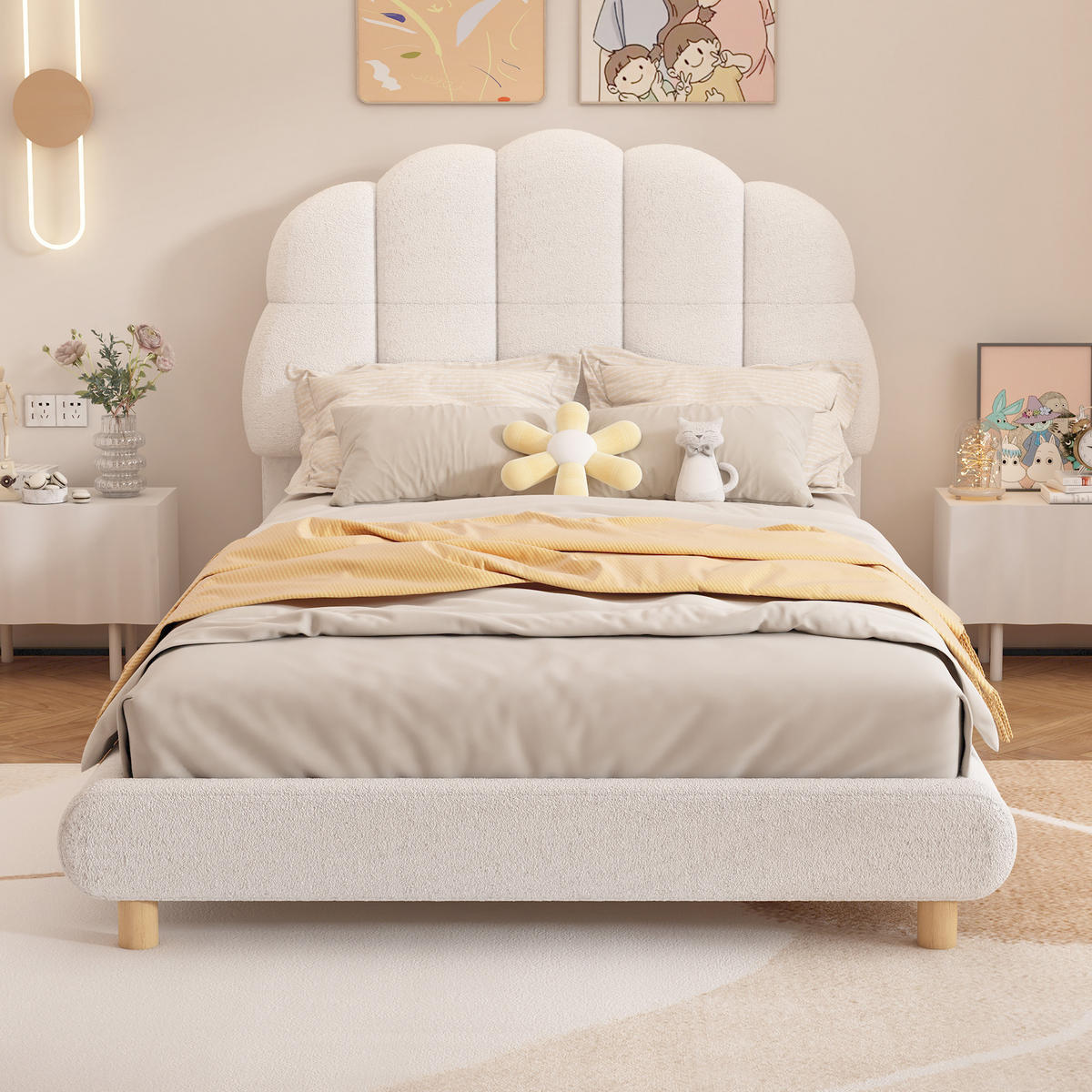 KINDERBETT 90/200 cm Weiß Kinderbett mit niedlichem Kopfteil aus Plush - Weiß, Textil (90/200cm) - OKWISH