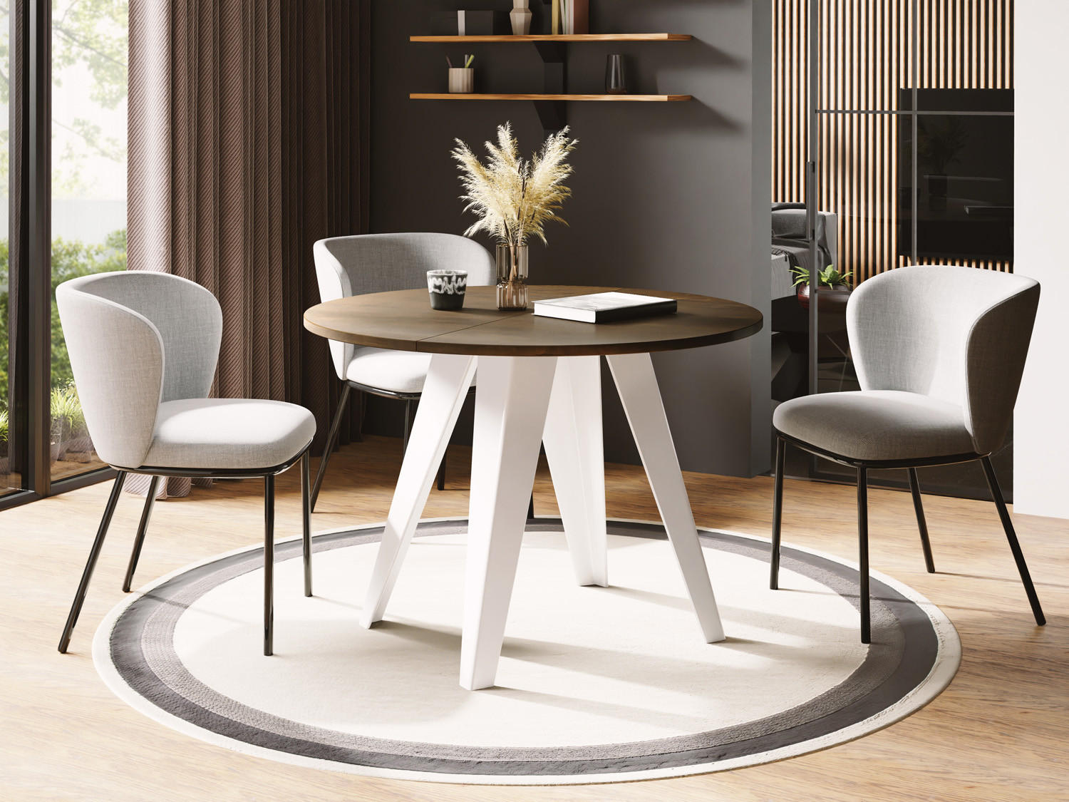 ESSTISCH Griffin runder ausziehbarer, Lefkas Eiche 90-130/100/76 cm - Alteiche/Weiß, Holzwerkstoff/Metall (90/90/76cm) - WFL GROUP