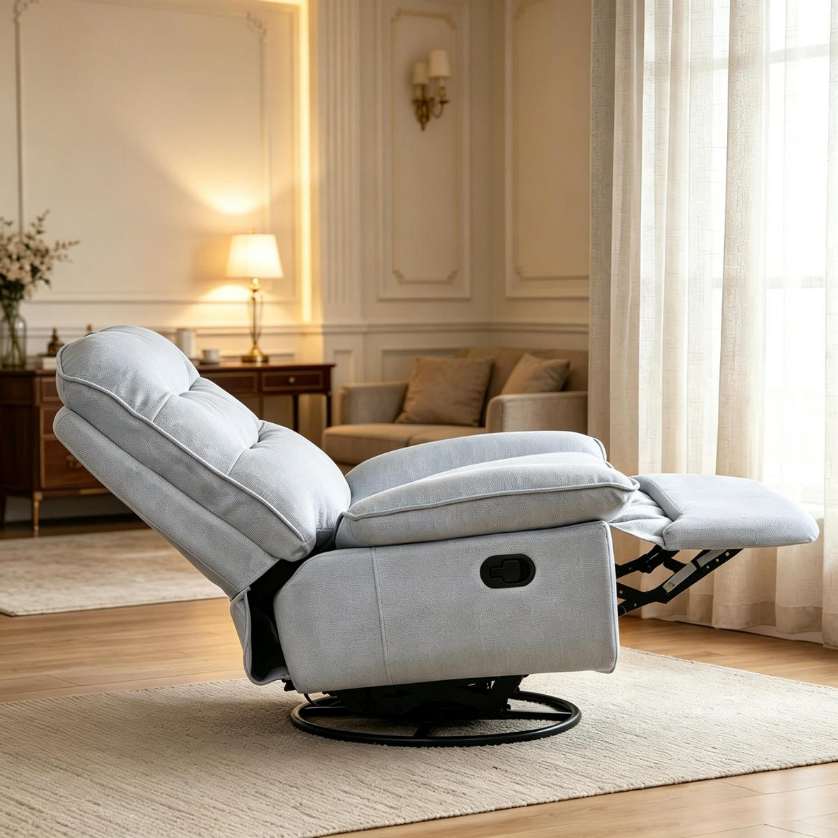 RELAXSESSEL 360° drehbar mit Fußstütze und Stauraum, DE-42187, Hellgrau - Hellblau, Metall (49.5/106/95cm) - ComfortXL
