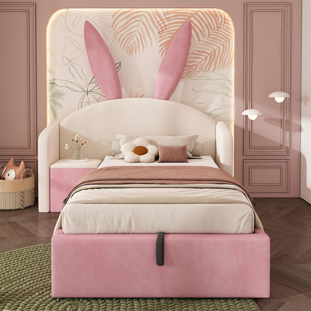 JUGENDBETT 90/200 cm in Beige & Rosa Samt mit Bettkasten und Nachttisch - Beige/Rosa, Holzwerkstoff/Textil (90/200cm) - WISHDOR
