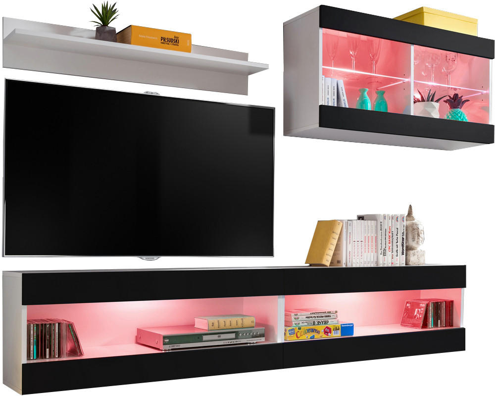 WOHNWAND 4-er Set, TIVOLI SET6 mit mehrfarbige LED RGB Beleuchtung Weiß + Schwarz, Offener Raum - Eiche Wotan/Schwarz, Glas/Holzwerkstoff (240/195/35cm) - Komodee
