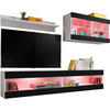 WOHNWAND 4-er Set, TIVOLI SET6 mit mehrfarbige LED RGB Beleuchtung Weiß + Schwarz, Offener Raum - Eiche Wotan/Schwarz, Glas/Holzwerkstoff (240/195/35cm) - Komodee