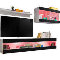 WOHNWAND 4-er Set, TIVOLI SET6 mit mehrfarbige LED RGB Beleuchtung Weiß + Schwarz, Offener Raum - Eiche Wotan/Schwarz, Glas/Holzwerkstoff (240/195/35cm) - Komodee
