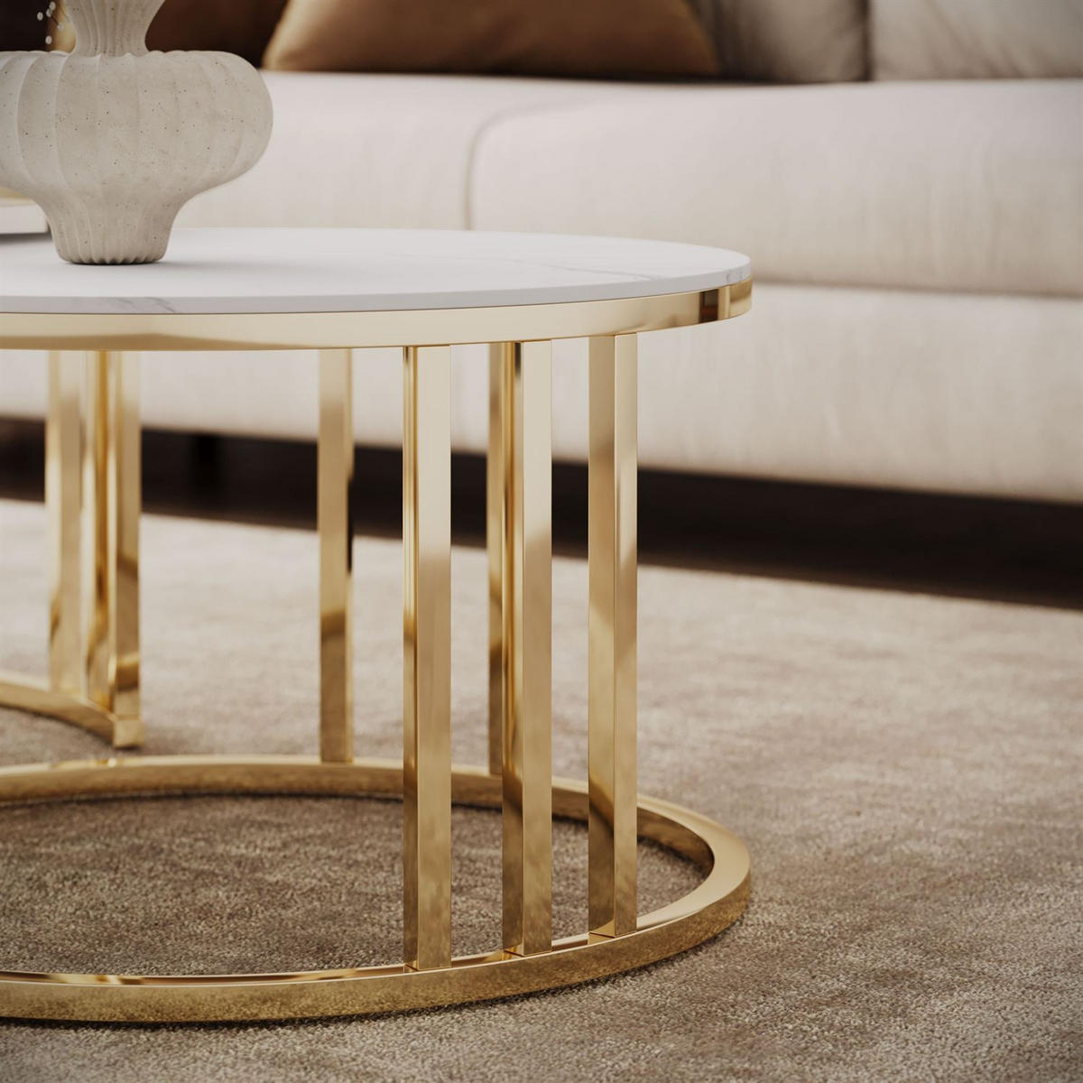 COUCHTISCH LIRA 2in1 mit goldenem Gestell und Marmorplatte - Weiß, Metall (80/80/40cm) - Lookway