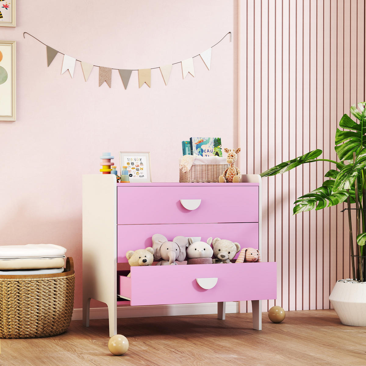 SPIELZEUGSCHRANK für Kinder, Kommode mit 3 Schubladen, Rosa+Weiß - Weiß/Rosa, Holzwerkstoff (40/60/60cm) - AIYAPLAY