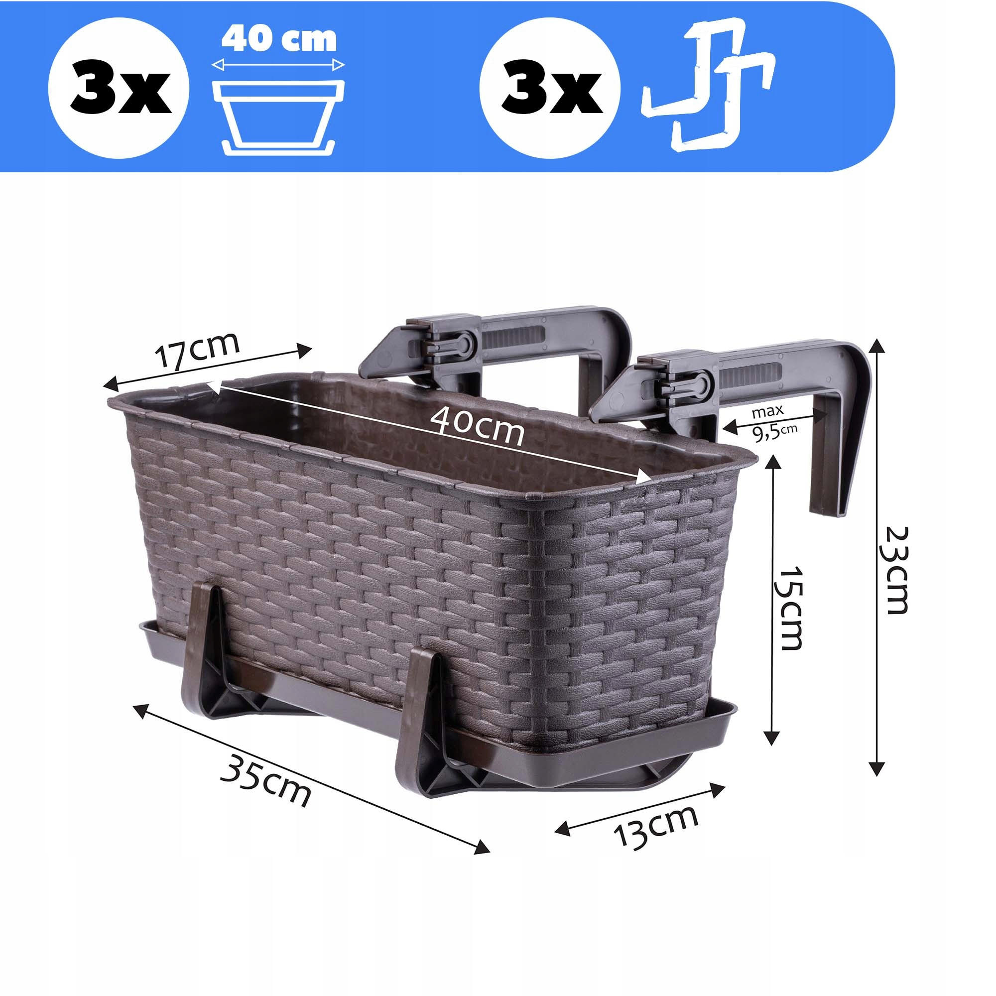 BALKONKASTEN mit Griffen, Braun, 40 cm, 3 Stk. - Braun, Kunststoff (17/40cm) - KADAX