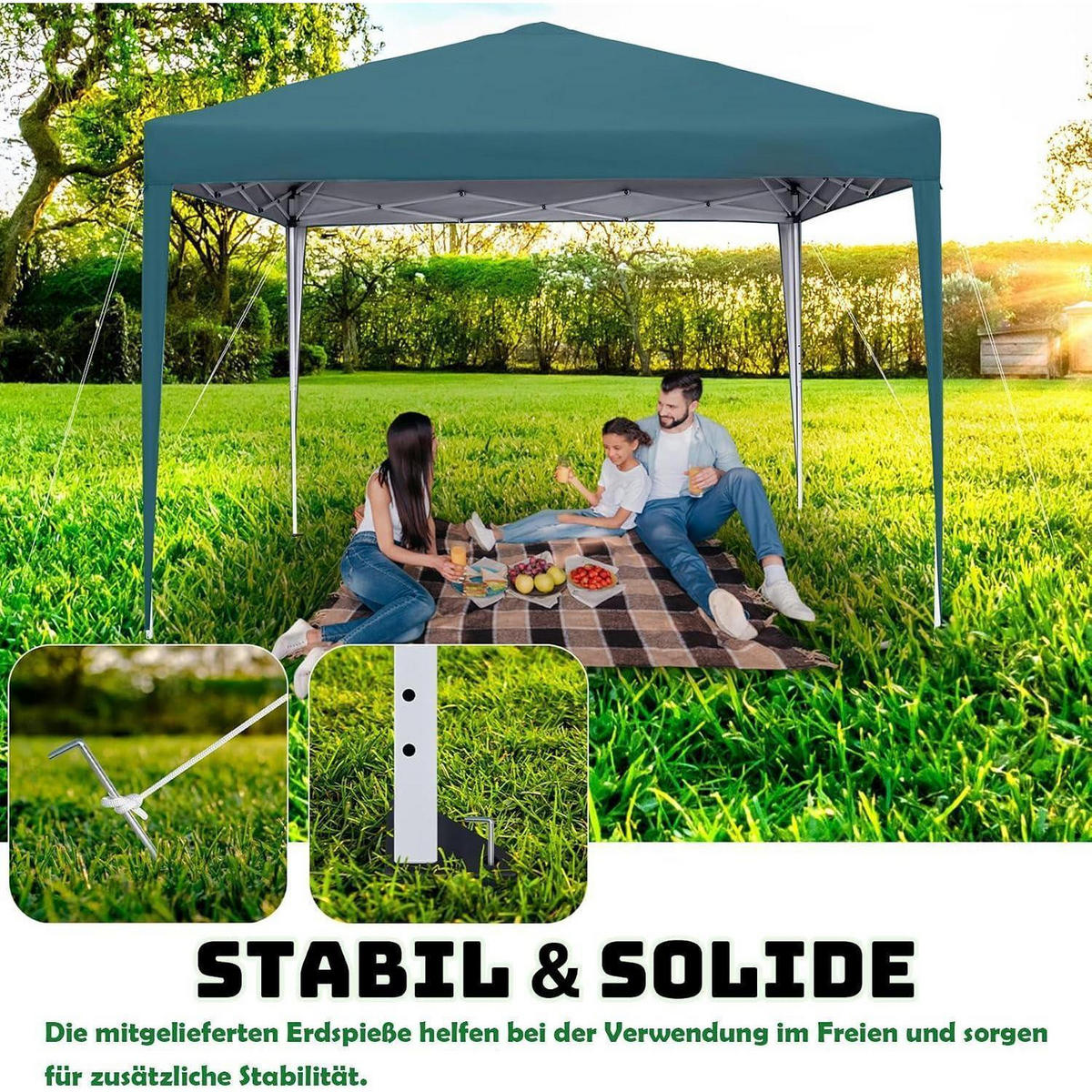 FALTPAVILLON 3 x 3 m mit 4 Seitenteilen und Fenstern Grün - Petrol, Textil (300/260/300cm)