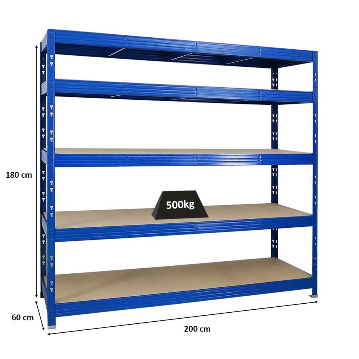 SCHWERLASTREGAL Rhino 180x200x60 cm 5 Spanplatten-Ebenen 8mm Fachlast 500 kg Blau - Blau, Metall (200/180/60cm) - PROREGAL