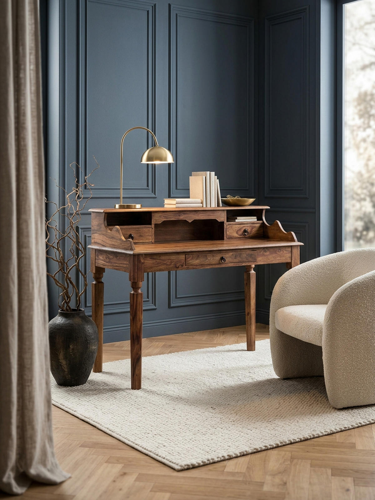 SCHREIBTISCH – Massivholz, 115 cm, Landhausstil, 3 Schubladen, Vintage-Optik - Braun, Holz (60/115/100cm) - KADIMA DESIGN