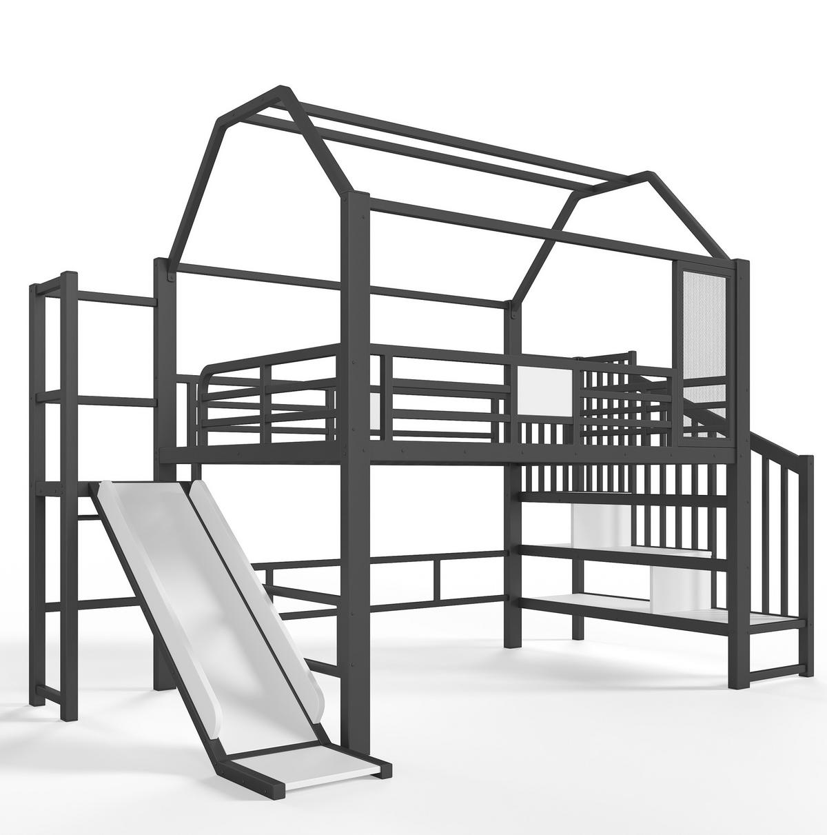 HOCHBETT aus MDF und Metall 140x200 cm Schwarz mit Rutsche, Stauraumtreppe und Bluetooth-LED-Beleuchtung - Schwarz, Holzwerkstoff (140/200cm) - IVMEU