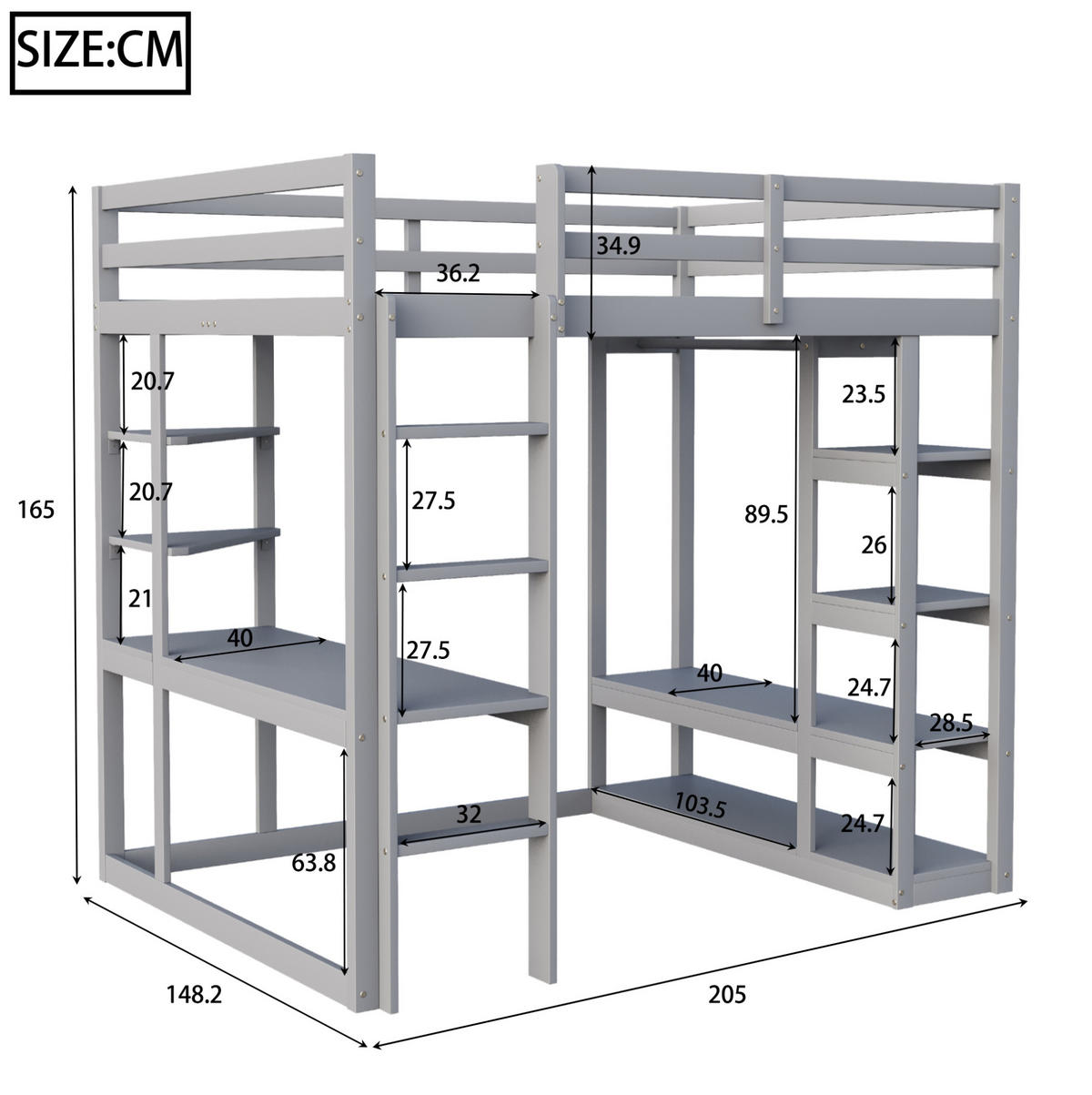HOCHBETT mit Schreibtisch und Stauraum 140x200 cm Grau - Grau, Holzwerkstoff (140/200cm) - Beauniv