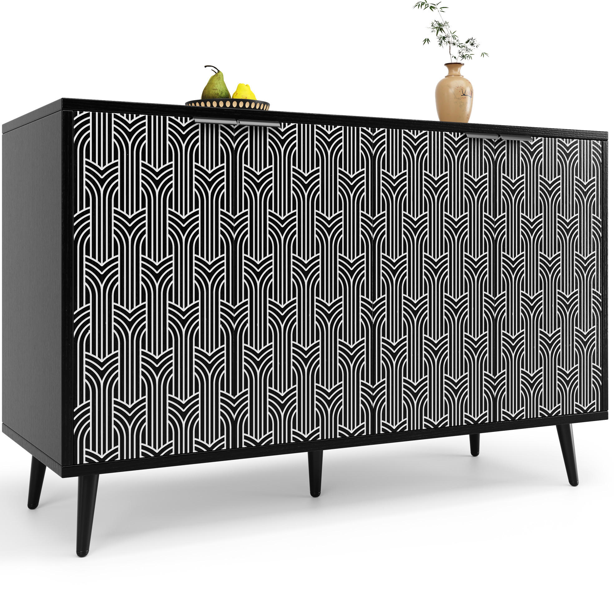 SIDEBOARD 120/35/78 cm, schwarz-weißes Geometriemuster, verstellbare Einlegeböden, Schwarz - Schwarz, Holzwerkstoff (120/78/35cm) - Redom
