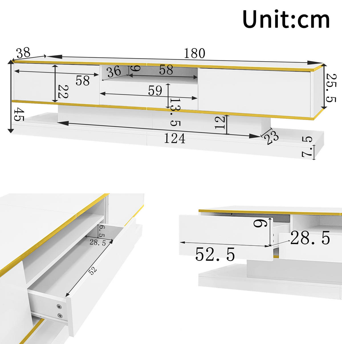 LOWBOARD 180/38/45 cm aus Holzwerkstoff mit Hochglanzfront und LED-Beleuchtung Weiß/Gold - Weiß, Holzwerkstoff (180/45/38cm) - Modenvie