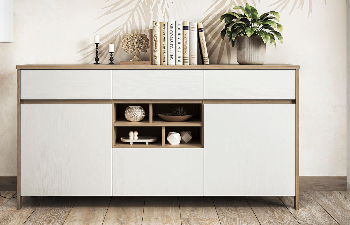 SIDEBOARD weiß und Eiche, Kommode skandinavisch 164 cm mit Soft-Close, Finnes - Eichefarben/Weiß, Holzwerkstoff/Metall (164/85/39cm) - Furn.Design